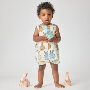 Pink Chicken Baby Boy Noah Romper in Blue Vintage Bunnies