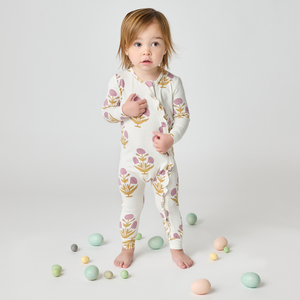 Pink Chicken Bamboo Ruffle Romper in Lavender Dandelion