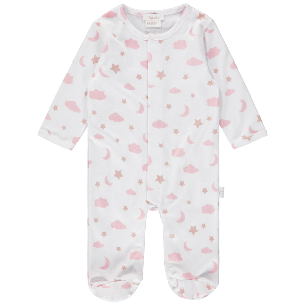 Pimalu Snap Footie in Light Pink Moon & Stars