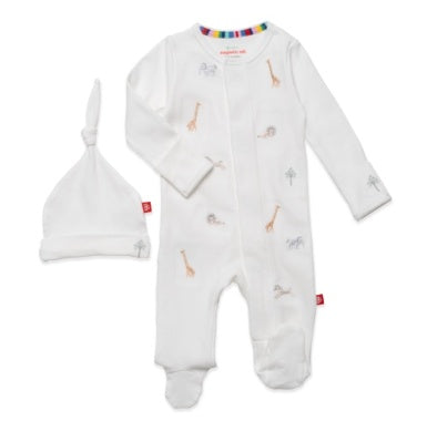 Magnetic Me Organic Cotton Footie and Hat Set in Serene Safari in White