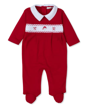 Kissy Kissy Footie with Hand Smocking and Collar in Holiday Medley