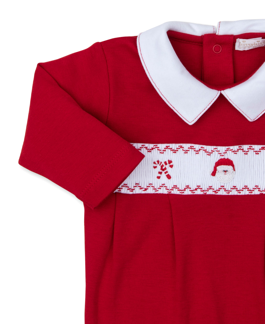 Kissy Kissy Footie with Hand Smocking and Collar in Holiday Medley