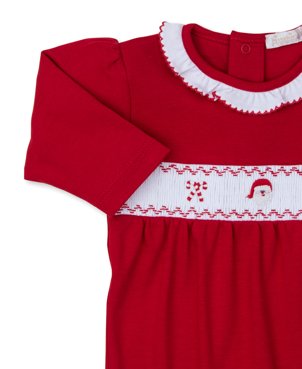 Kissy Kissy Footie with Hand Smocking and Ruffle Collar in Holiday Medley