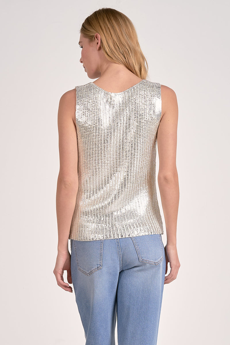 Elan Metallic Coated Sweater Tank in White/Silver