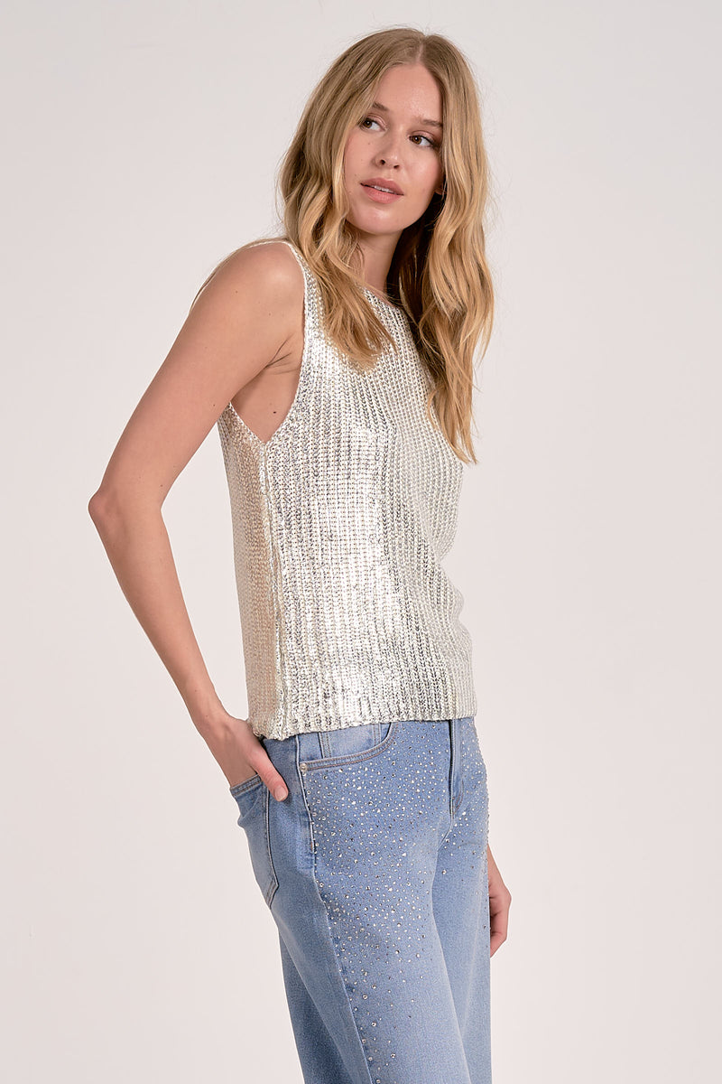 Elan Metallic Coated Sweater Tank in White/Silver