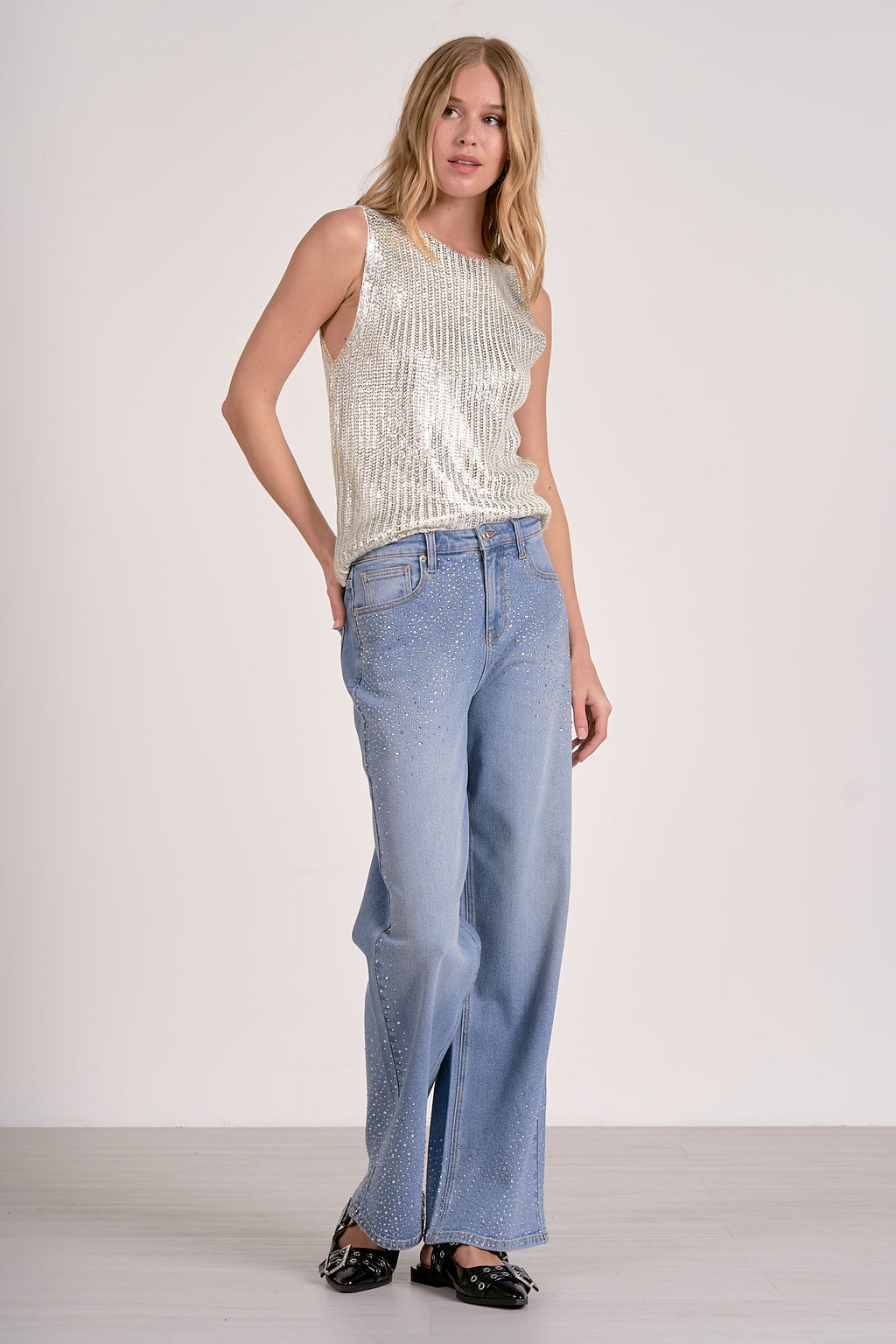 Elan Metallic Coated Sweater Tank in White/Silver