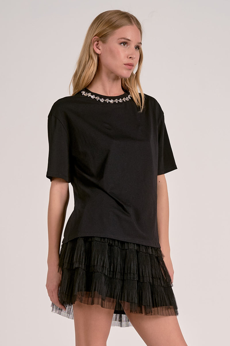 Elan Embellished Neck Tee in Black