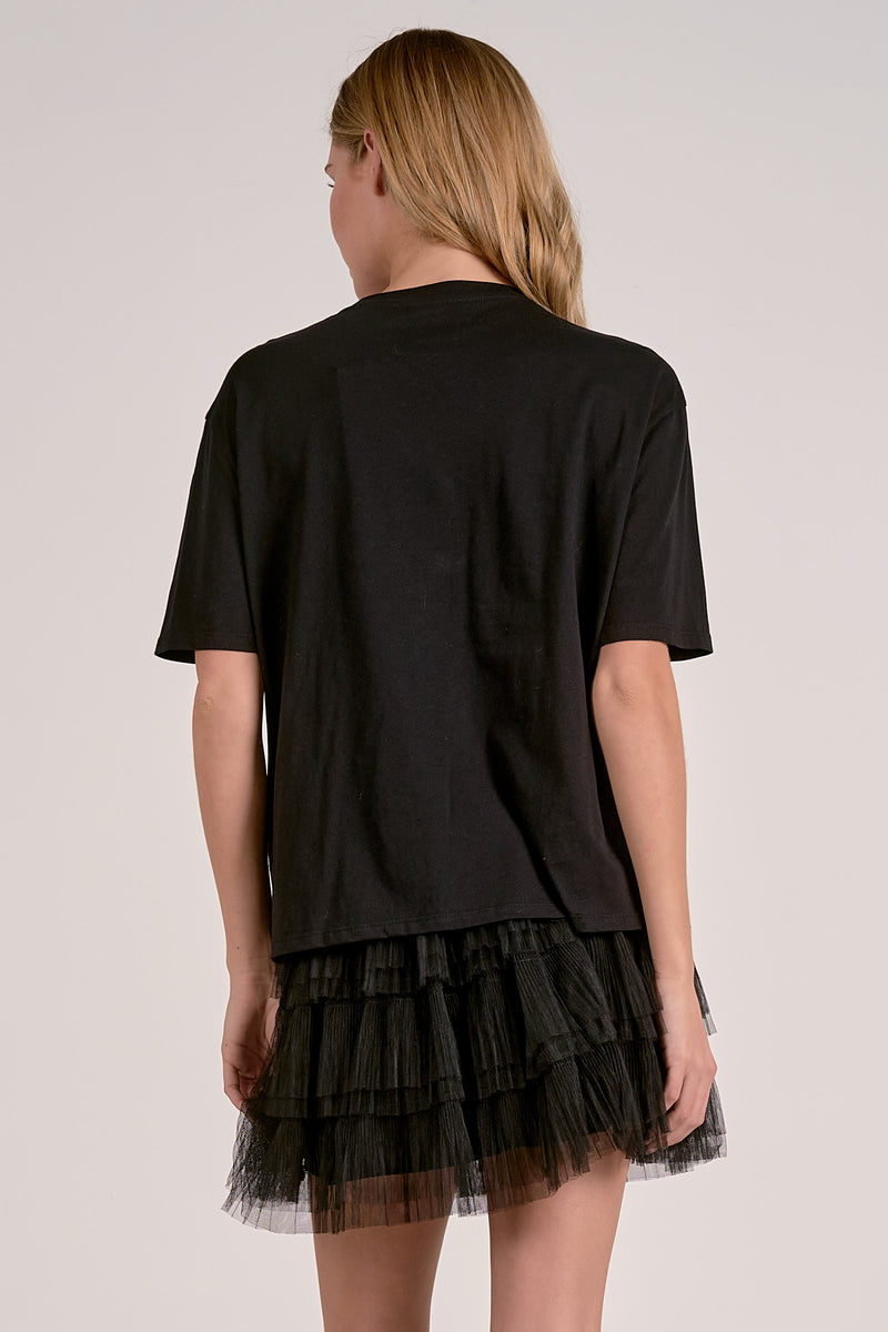 Elan Embellished Neck Tee in Black