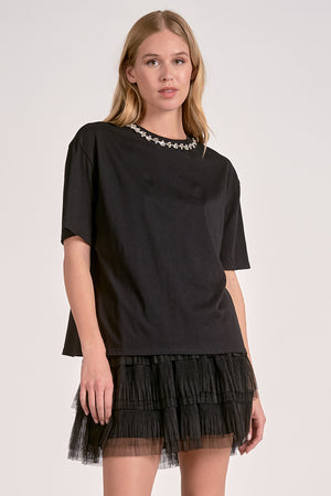 Elan Embellished Neck Tee in Black