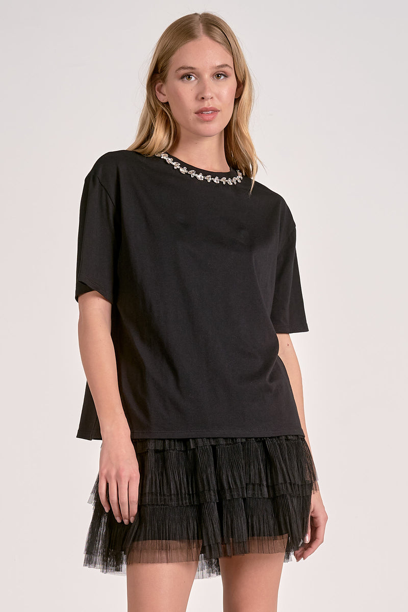 Elan Embellished Neck Tee in Black
