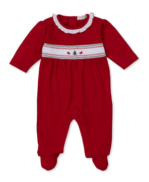 Kissy Kissy Hand Smocked Footie in Red Holiday Medley