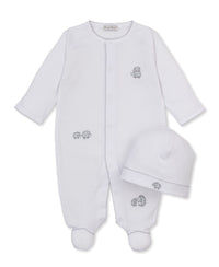Kissy Kissy Footie and Hat Set in White and Grey Hedgehogs Little Woods