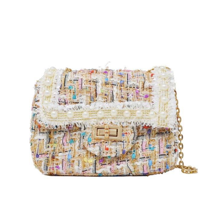 Zomi Gems Classic Tweed Handbag with Pearls in White