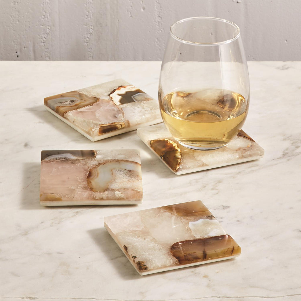 Two's Company Set of 4 Agate Coasters with Marble Base - Genuine Agate/Marble Quartz